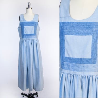 1970s Jumper Dress Denim Cotton Patchwork M 