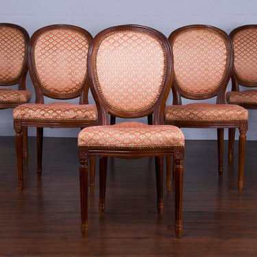 French Louis XVI Style Tiger Maple Dining Chairs W/ Velvet Fabric - Set of 6 
