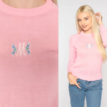 70s Baby Pink Sweater Embroidered M Initials Floral Sweater Retro Pastel Knit Pullover Crewneck Seventies Monogram Vintage 1970s Small S 