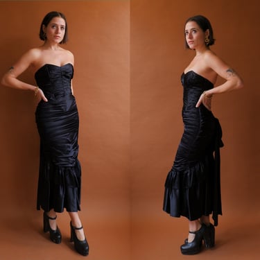 Vintage 80s Gunne Sax Black Satin Party Dress/ 1980s Sweetheart Corset Dress/ Size XS 
