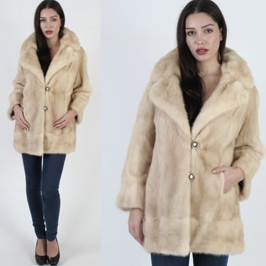 Womens Blonde Button Down Mink Coat / Vintage 60s Beige Fur Jacket / Genuine Plush Ivory Fur Under Collar / Red Carpet Opera Jacket 