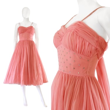 1950s Coral Pink Sheer Chiffon Fit and Flare Dress with Rhinestone Detailed Waist - 1950s Party Dress - 50s Pink Dress | Size Small 