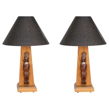 Mid-Century Table Lamps with Hand Carved Tribal African Diety Carvings 