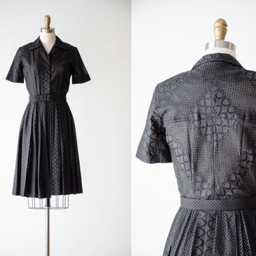 black embroidered dress | 50s 60s vintage eyelet embroidery sheer cotton pleated knee length fit and flare dress 