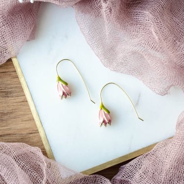 pink tulip earrings, dainty purple gold flower earrings, cute drop earrings, bohemian nature woodland gift for her, statement earrings 