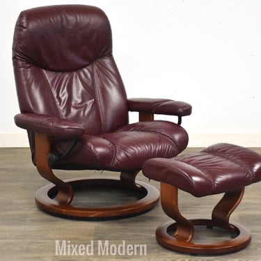 Maroon Leather Stressless Ekornes Lounge Chair and Ottoman 