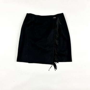 1990s Black Wrap Mini Skirt / Leather Fringe / Medium / 29 Waist / Preppy / Basic / Western / Solid / Goth / 00s / y2k / M / Trim / 90s 