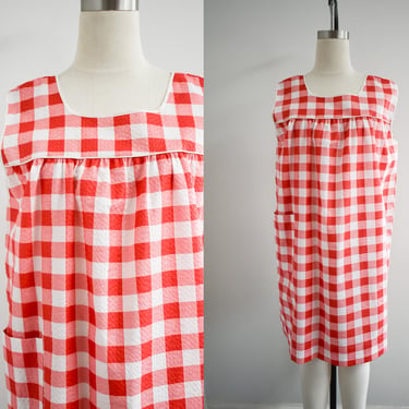 1980s Red and White Gingham House Dress 