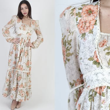 Vintage 70s Romantic Garden Floral Dress, Bustier Lace Prairie Lawn Tiered Maxi 