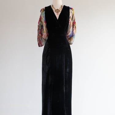 Exquisite 1930's Floral Lame &amp; Silk Velvet Evening Gown / Large