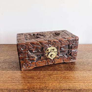 Antique Chinese Carved Wooden Box with Brass Closure 