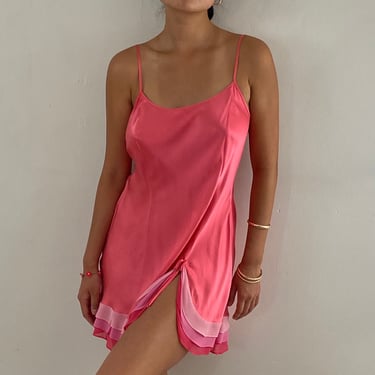 90s silk ruffle slip dress / vintage grapefruit pink liquid silk charmeuse back tie contrast chiffon ruffle hem slip dress | M L 
