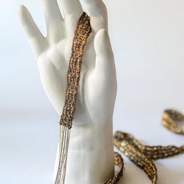 Woven Antique Gold Tone Long Fringe Necklace