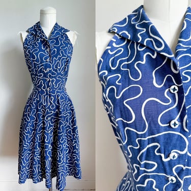 Vintage 1950s Scribble Cotton Halter Top Dress / S 