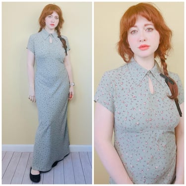 1990s Vintage Seafoam Green Floral Bias Cut Maxi Dress / 90s does 40s Keyhole Dagger Collar Grunge Maxi Gown / Large - XL 