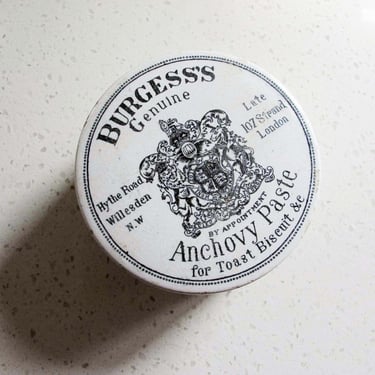 Antique Burgess Anchovy Paste Small Stoneware Jar - Victorian English Ironstone Lidded Paste Pot - Gift for UK Anglophile Foodie 