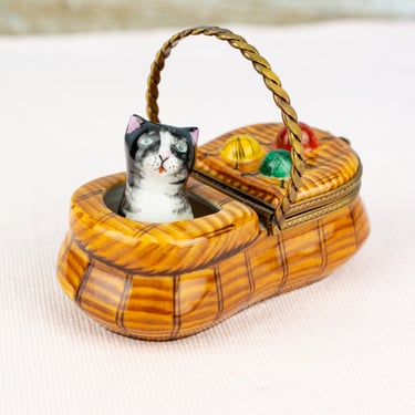 Vintage Limoges Kitty in Knitting Basket Trinket Box