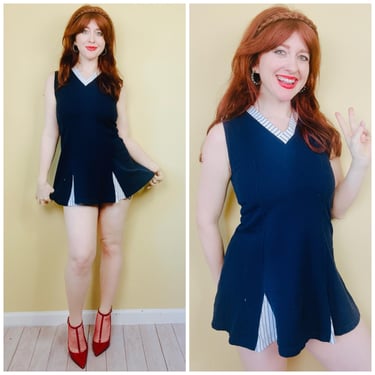 1980s Vintage Vital Navy Blue Mini Dress / 80s Striped Fit and Flare Tennis Dress / Size Small - Medium 