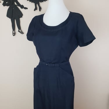 Vintage 1940's Navy Wiggle Dress / 50s Dress and Belt Set S 