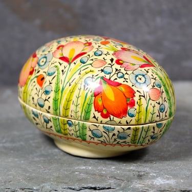 Vintage Kashmir Lacquered Egg Shaped Box | Hand Painted Indian Lacquered Box | Floral Egg | Vintage Easter 
