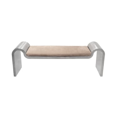 Karl Springer Sculptural Bench in Stainless Steel with Suede Seat Cushion 1980s