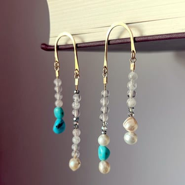 Long U Shaped Mixed Bead Chain Dangle Studs Statement Earrings with Pearls turquoise crystals and South Dakota Pink Quartz 