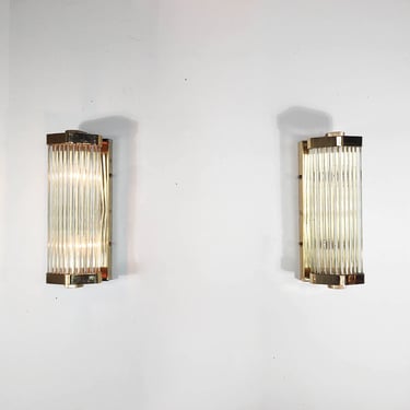 Pair of Art Deco Vintage Glass Rod and Brass Wall Sconces 