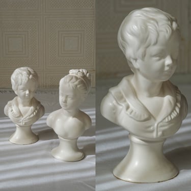 Vintage Victorian Style Matching Ceramic Busts  | Made in Japan | Bisque Boy & Girl | Library, Boho, Home Decor | Shelf Decor, Porcelain 