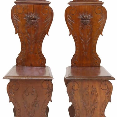Pair of Antique Provincial Italian Renaissance Revival Carved Walnut Sgabello Hall Chairs, 19th Century 