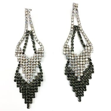 Vintage VTG 1990s 90s Deadstock Art Deco Black Silver Rhinestone Drop Earrings 