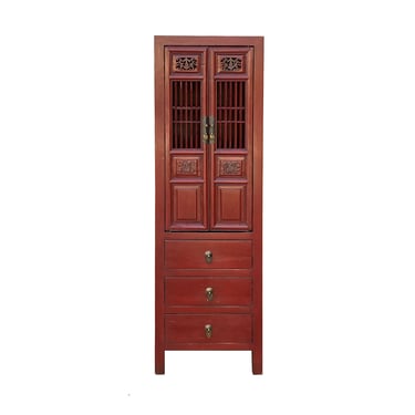 Distressed Brick Red Narrow Wood Carving Shutter Doors Storage Cabinet cs7243E 