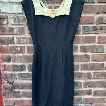 Vintage 1960s Black Linen Cocktail Dress Knee Length Handmade Medium by TimeBa