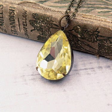 Yellow Rhinestone Necklace, Jonquil Necklace, Teardrop Pendant, Pear Shaped Pendant 