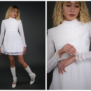 Vintage 1960s 60s White Crochet Pearl Long Sleeve Mini Dress w/ High Neckline, Empire Waist // Engagement Bridal Wedding Elopement 