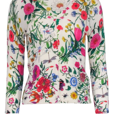Samantha Sung - Ivory Silk & Cashmere Multi Color Floral Print Cardigan Sweater Sz L