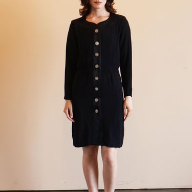 Vintage Yves Saint Laurent 1980s Dead Stock Black Cocktail Dress with Crystal Buttons + Satin Insets sz FR 40 S M 80s YSL New with Tags 