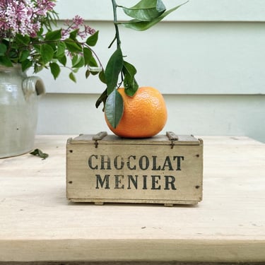 Beautiful rare find vintage French wooden chocolat crate with lovely scripts 