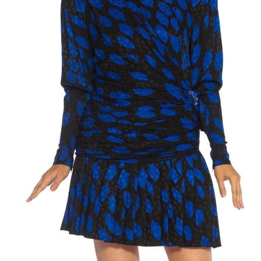 1980S Givenchy Black  Blue Haute Couture Silk Jacquard Draped Cocktail Dress With Sleeves 