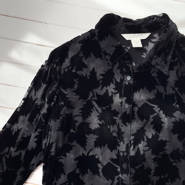 black velvet shirt | 90s y2k vintage sheer silk chiffon velvet maple leaf pattern whimsigoth long sleeve blouse 