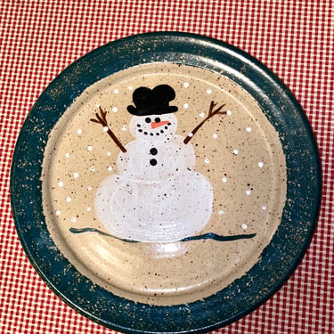 Three Rivers Studio Pottery Christmas Plate~ Winter Table Decor,  Snowman Stoneware Spongeware Plat Green Rim Handmade 1991 