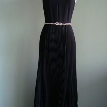 Retro Vintage Black Designer Evening Gown with Pleated Skirt Rhinestone Belt 