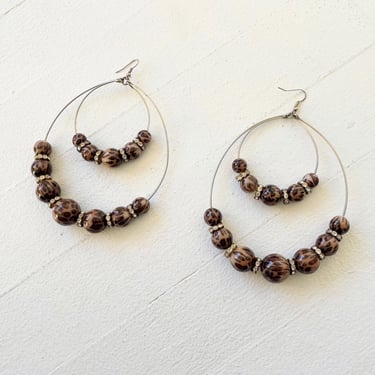 Vintage Leopard Print Bead + Rhinestone Big Double Hoop Earrings 