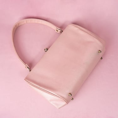 Vintage 1950s Bobbie Jerome Pale Pink Pearl-Finish Faux Lizard Embossed Handbag with Top Handle and Gold Hardware 
