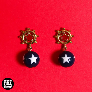 Cute Vintage 80s 90s Red White Blue Nautical Star Ball & Helm Earrings 