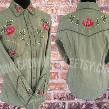 Cattlelac Ranch, Vintage Retro Western Women's Cowgirl Shirt, Rodeo Queen, Embroidered Flowers & Leaves, Tag Size XLarge (see meas. photo) 