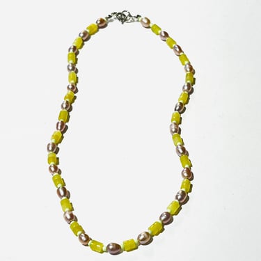 "Wavy" Pearl + Yellow Beaded Necklace