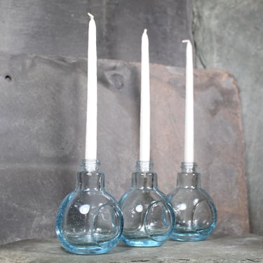 Set of 3 Mini Glass Candle Holders with Candles | Pale Blue Glass Bottles | Vintage Decor | Bixley Shop 