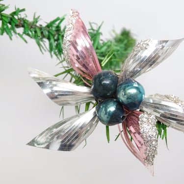 Antique 1950's Mercury Glass Beads in Poinsettia Christmas Tree Ornament, Retro MCM Holiday Decor 