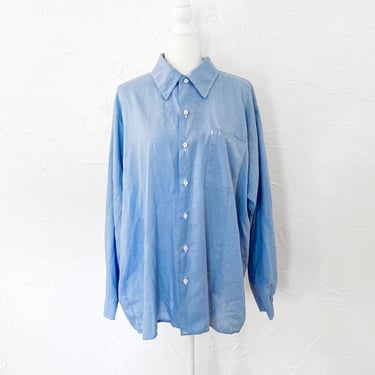 60s/70s Light Blue Chambray Collared Button Down Shirt With White Buttons | Extra Large/2X 