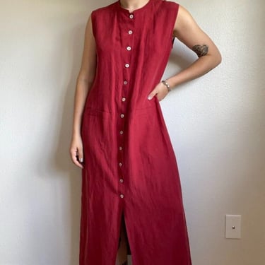 Vintage 90s Chicos Design Wine Red Linen Silk Blend Maxi Tunic Dress Sz 2 